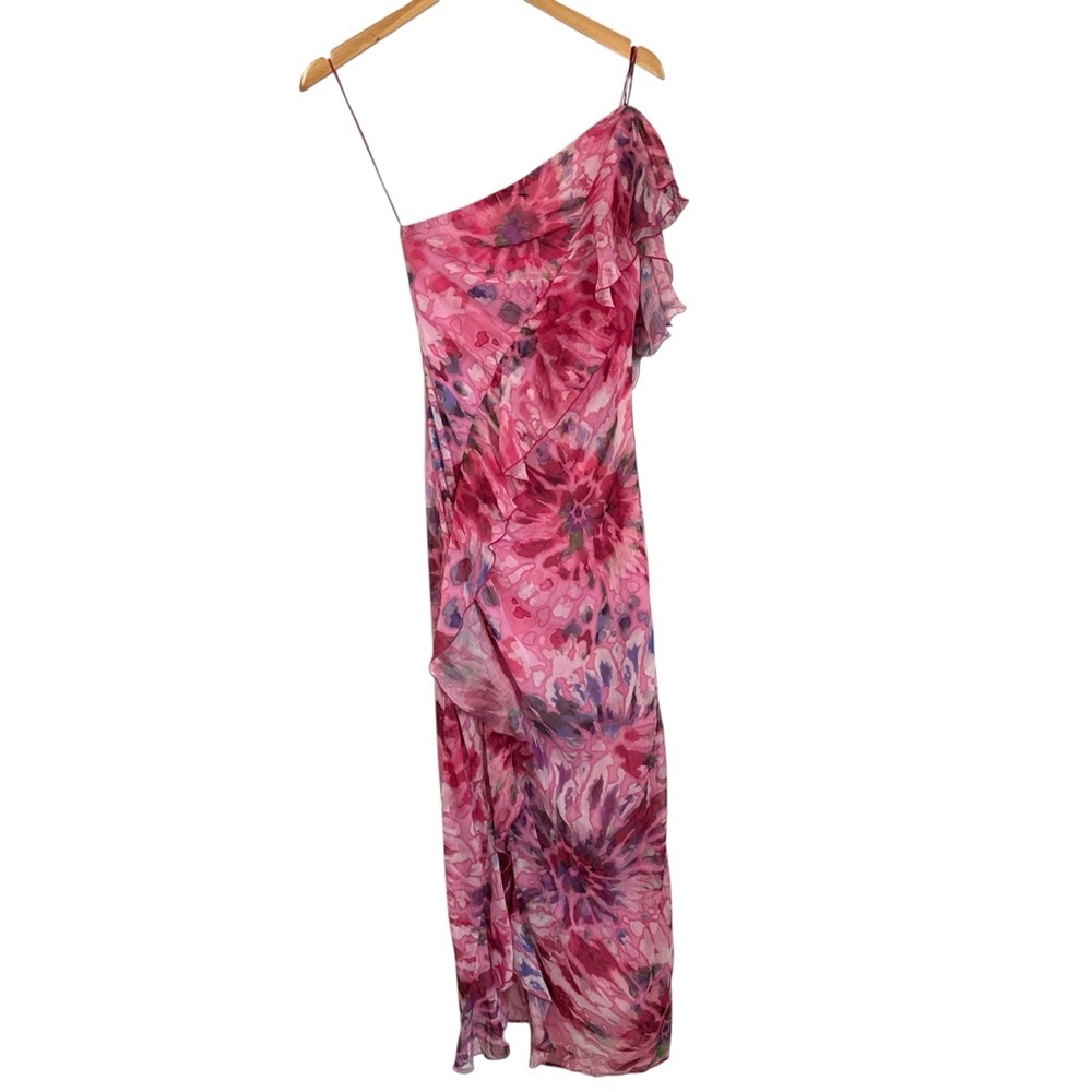 Zara Womens Asymmetrical Ruffled Printed Midi Dress XS Pink Lined One Shoulder - Picture 2 of 10